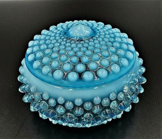 Fenton Hobnail Blue Opalescent Glass Covered Powder Dish Powder Box