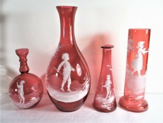 Group Of 4 Ca 1900 Cranberry Mary Gregory Vases