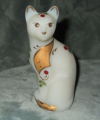 Vtg.  Fenton Hand Painted Art Glass Satin White Cat Cherries Gold V.  Adkins