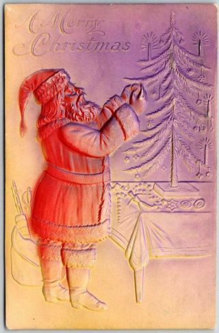 Vintage 1907 Christmas Embossed Postcard Air - Brushed Santa Claus / Purple & Red