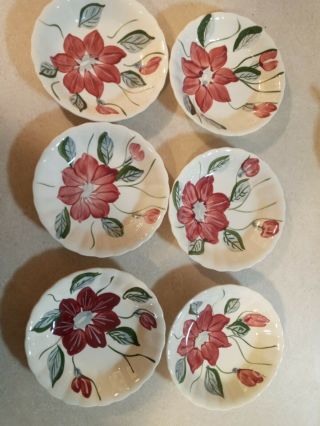 6 Vintage Southern Blue Ridge Pottery Dessert Dishes,  Red Flower