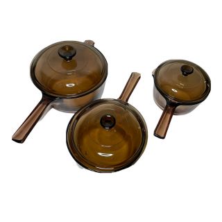 6 Piece Set Corning Ware Visions Amber Sauce Pans With Lids - 2.  5l,  1.  5l,  1l
