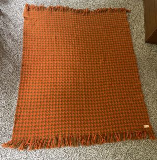 Vintage Pendleton Houndstooth Fringe Picnic Blanket 60x52” Orange & Brown