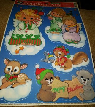 Vtg Christmas Adorable Children & Animals Window Clings Sheet