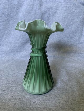 Fenton Cased Glass Wheat Vase Heritage Green & White Rim Ruffled Edge Stickered