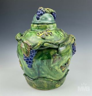 Macario Mexico Hand Crafted Ceramic Pottery Butterfly Grape Vine Lidded Jar Mab