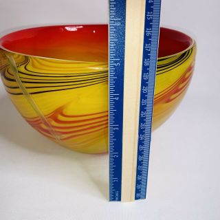 Murano Style Art Glass Bowl Red Yellow Black Swirl Heavy 5 " Tall 8 " Wide