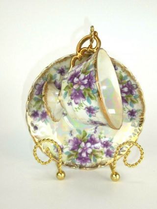 Vintage Royal Sealy China Japan Gold Trim Teacup Saucer Lilac Flower Orchid Chip