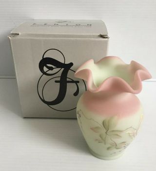 Fenton Hand Painted Crimped Vase Berry And Butterfly Lotus Mist - Limited