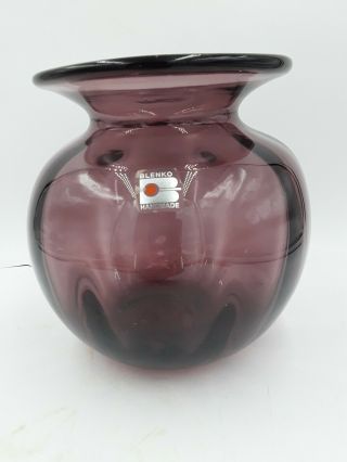 Blenko Amethyst Purple Flared Rim Blown Glass Flower Vase W/ Label 6.  75 " Tall