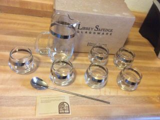 Vintage Libbey Glass Mid Century Silver Stripe Pitcher & Glasses W/ Box