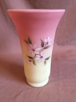 Vintage Fenton Pink Yellow Burmese Vase Hand Painted Daisy Flowers