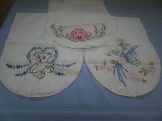 Three Vtg Hand Embroidered Dresser Scarfs/table Runner - Bluebird,  Ted Bear,  Flowers