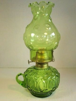 Vtg Large L.  E.  Smith Glass Green Moon & Stars Pattern Finger Kerosene Lamp Set