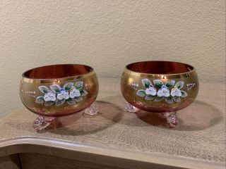 Vintage Bohemian Egermann Art Glass,  Set Of 2 Red W/gold Décor Bowls.