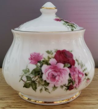 Vintage David Michael China Sugar Bowl & Lid England Rose Floral Pattern Gold