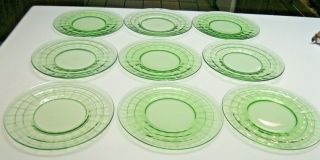 Green Vaseline Depression Glass Set Of 9 Anchor Hocking Block Optic 8 " Plates