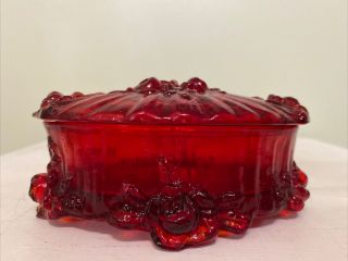 Vintage Fenton Glass Ruby Red Cabbage Rose Oval Jewellry/vanity Dish W/lid