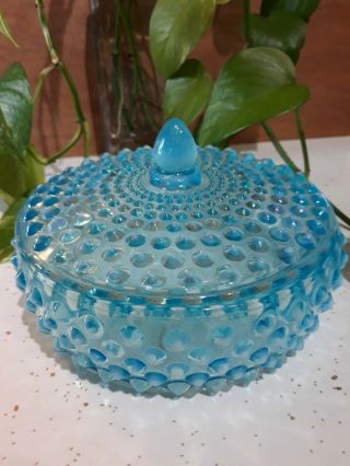 Fenton Light Blue Opalescent Hobnail Glass Candy Dish Covered With Lid