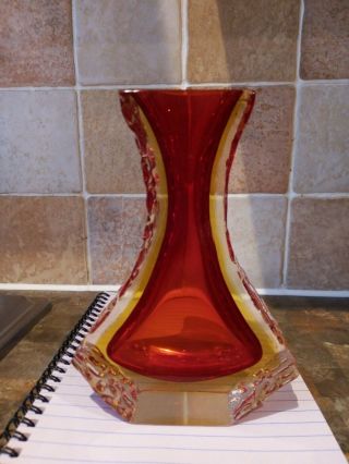 Vintage Murano Amber And Red Cased Glass Vase 6 " Tall