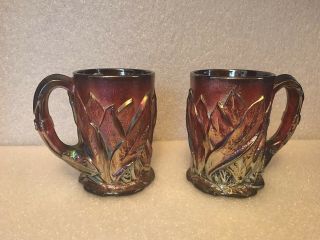 Imperial Glass 2 Mugs Tankards Carnival Red Iridescent Acanthus Leaf Sunset Ruby