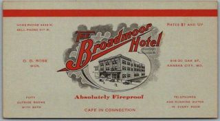 Vintage Kansas City,  Missouri Advertising Card The Broadmoor Hotel C1930s