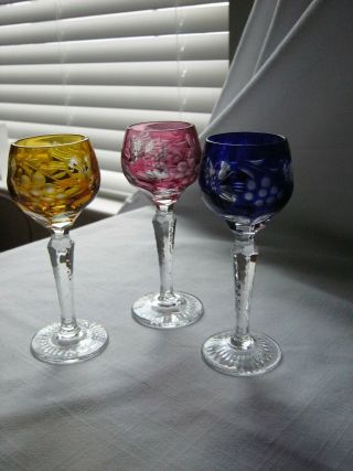 3 Bohemian Cut To Clear Crystal Cordial Glasses Amber,  Cobalt & Cranberry