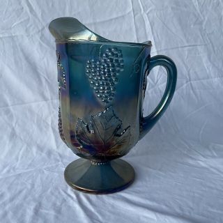 Vintage Carnival Glass Pitcher And 11 Glasses Tumblers Harvest Blue Grapes