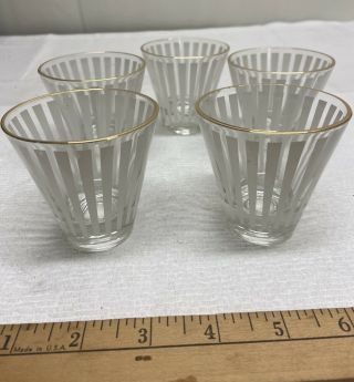 Mid Century Small Drinking Glasses Set Of 4 White Strip With Gold Trim