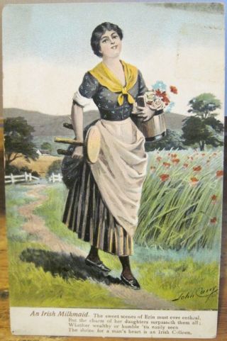 Vintage Art Postcard Irish Milkmaid Colleen John Carey Verse Ireland Lawrence