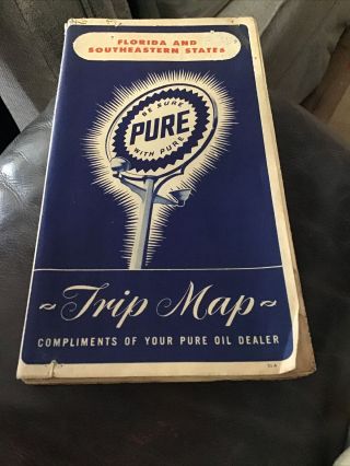 1949 - 51pure Oil Florida/southeastern States Vintage Road Map “be Sure With Pure”