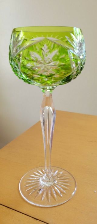Vintage Czech Bohemian Cut To Clear Crystal Green Wine Goblet
