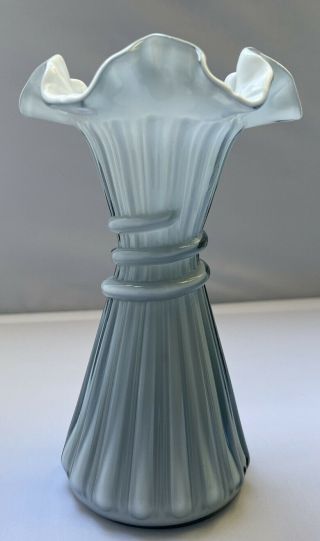 Vintage Fenton Wheat Glass Cased Vase Light Blue White Ruffled Edge