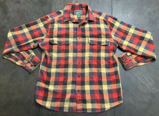 Vintage Woolrich 100 Cotton Button Up Shirt Size Medium Red Blue Yellow Plaid
