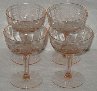Vintage Pink Depression Wine Champagne Stemmed Glasses Etched Flowers X 4