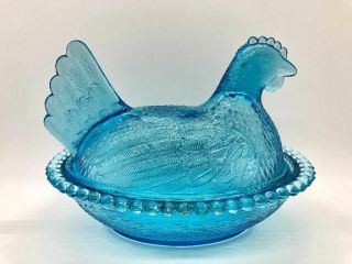 Indiana Glass Hen On Nest In Horizon Blue Aqua Covered Candy Dish Vintage Euc