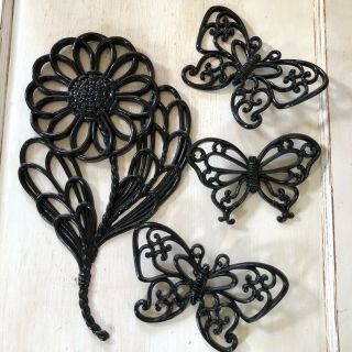 Vtg Flower & Butterflies Set Of 4 Black Plastic Wall Decor Burwood 1978 Boho