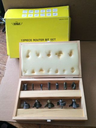 Vintage Eagle Tool Co.  12 Piece Router Bit Set In Wood Case & Box 1/4 " Shank