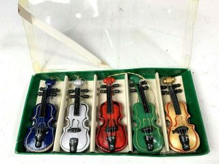 Vintage 5 Piece Christmas Wooden Violin Ornament Set In