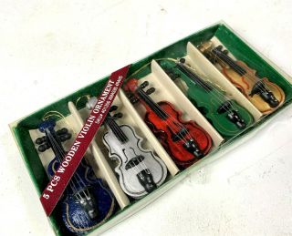 Vintage 5 Piece Christmas Wooden Violin Ornament Set in 2