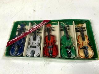 Vintage 5 Piece Christmas Wooden Violin Ornament Set in 3