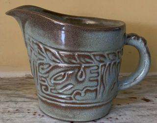 Vintage Frankoma Pottery 7a Bluish Green Aztec Design Creamer Pitcher