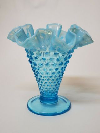 Vintage Fenton Blue Opalescent Ruffle Hobnail Trumpet Vase Collectible Art Glass