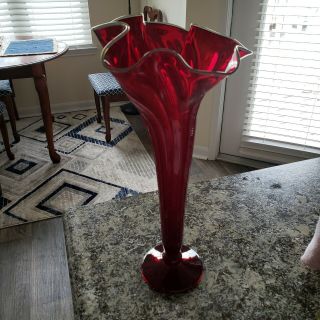 Rick Strini Glass Vase Vintagr Red With Silver On Top Hand Blown