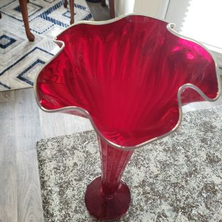 Rick Strini glass vase Vintagr Red With Silver On Top Hand Blown 2