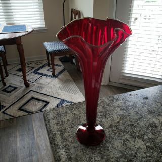 Rick Strini glass vase Vintagr Red With Silver On Top Hand Blown 3
