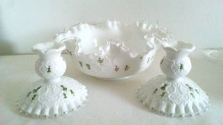 Fenton White Silver Crest Spanish Laced Bowl Matching Candle Holders Hnd Painted