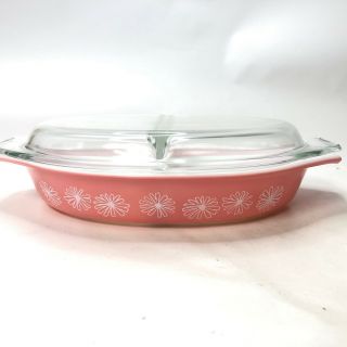 Vintage Pyrex - Pink Daisy - 1.  5 Quart Divided Dish With Lid -