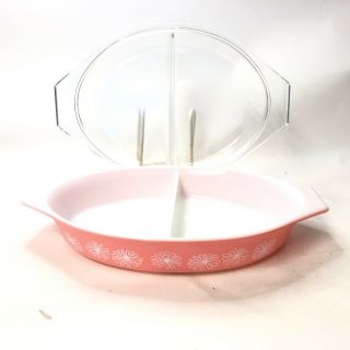 Vintage Pyrex - Pink Daisy - 1.  5 Quart Divided Dish with Lid - 2