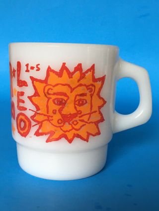 Vintage Fire King Milk Glass Mug Astrology Leo Sign Of Lion Zodiac Horoscope Cup